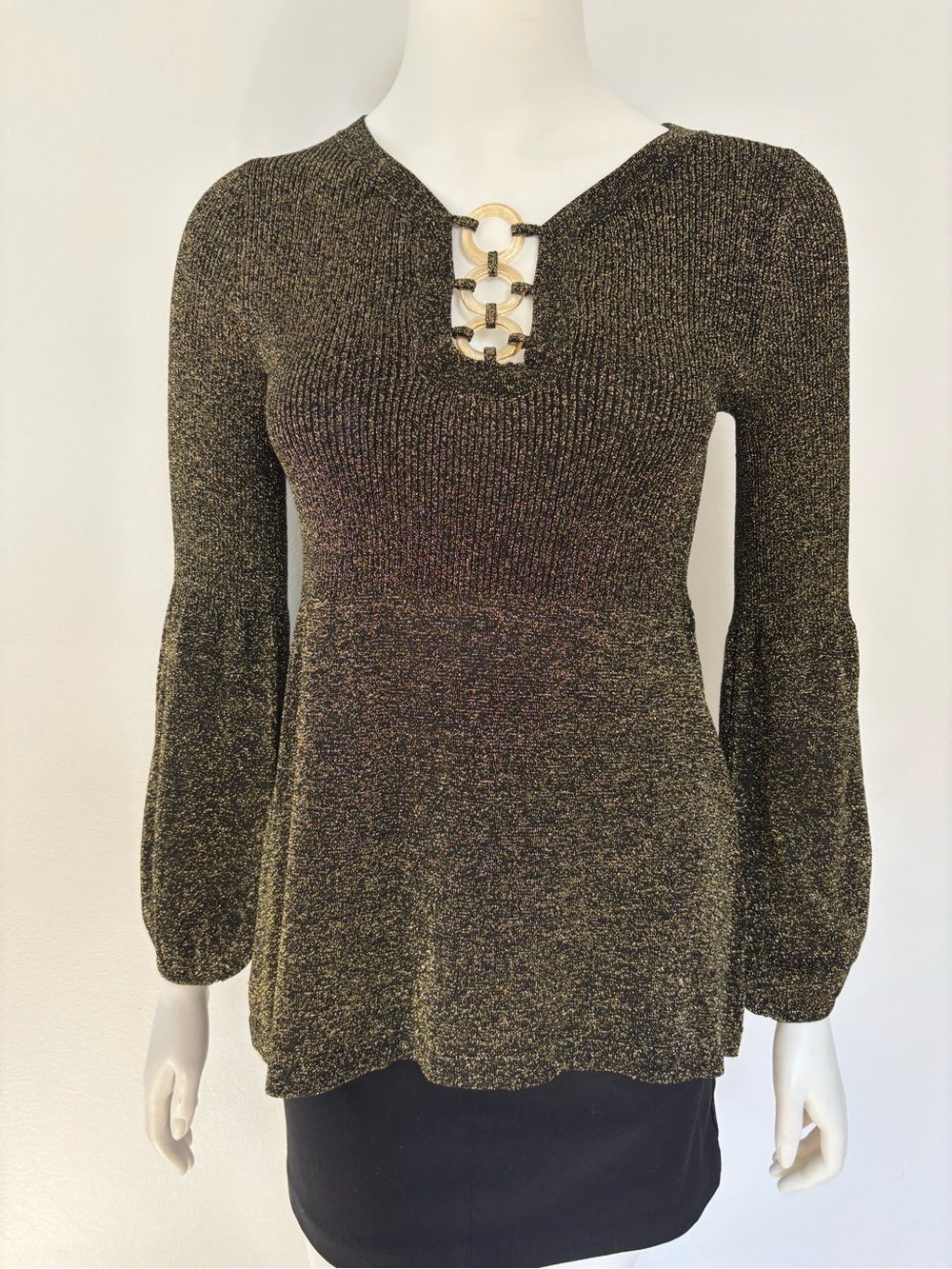 august silk Gold Metallic Knit Peplum Sweater with Chain Detail